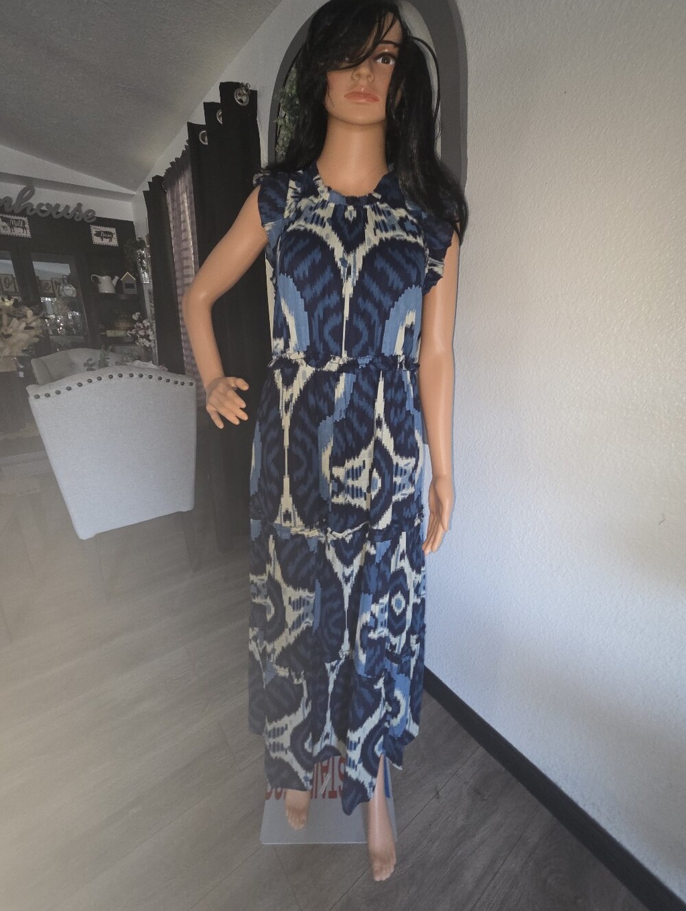 Caroline Constas NY Blue and White Ikat Print Tiered Maxi Dress, NWT SIZE S